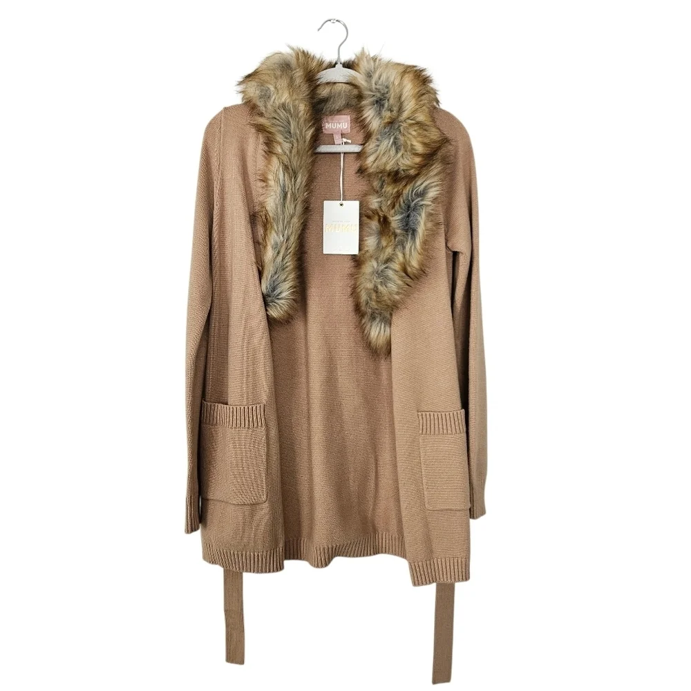 NWT Show Me Your MuMu cabin cardigan sweater with faux fur Trim Belt Size S